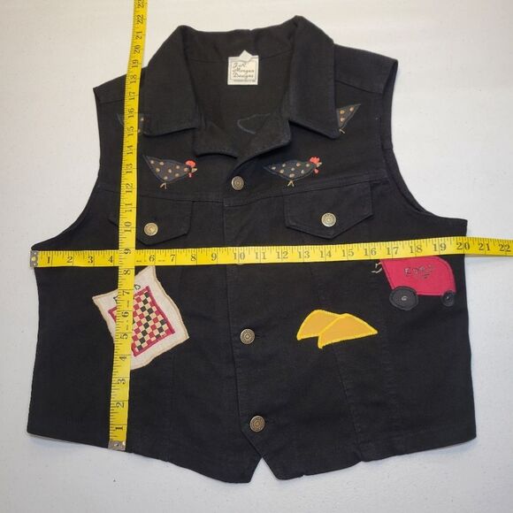 Vintage 80s Black Denim Vest with Embroidered Patches Chickens Farmcore - Picture 16 of 16